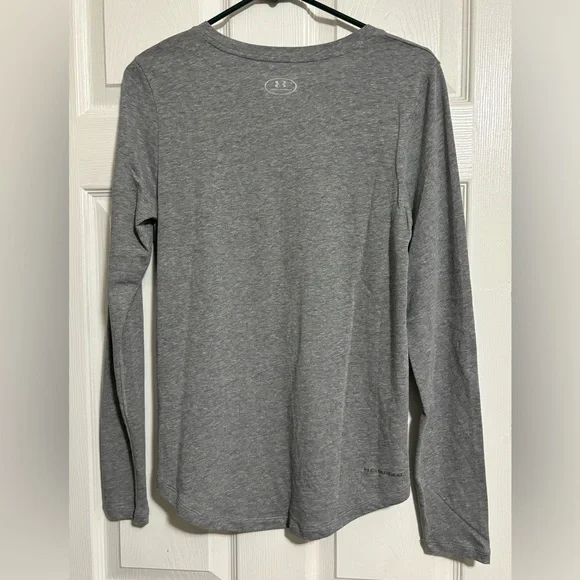 UNDER ARMOUR WOMENS COMPRESSION SHIRT TOP HEATGEAR LONG SLEEVE LOGO GRAY Sz M - Picture 2 of 4